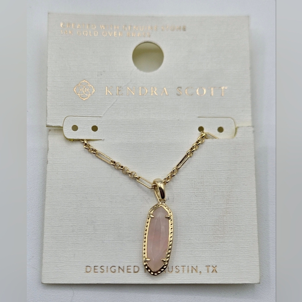 KENDRA SCOTT NWT Necklace & Earring Set Gold w/ Light Pink Stone - Picture 2 of 9